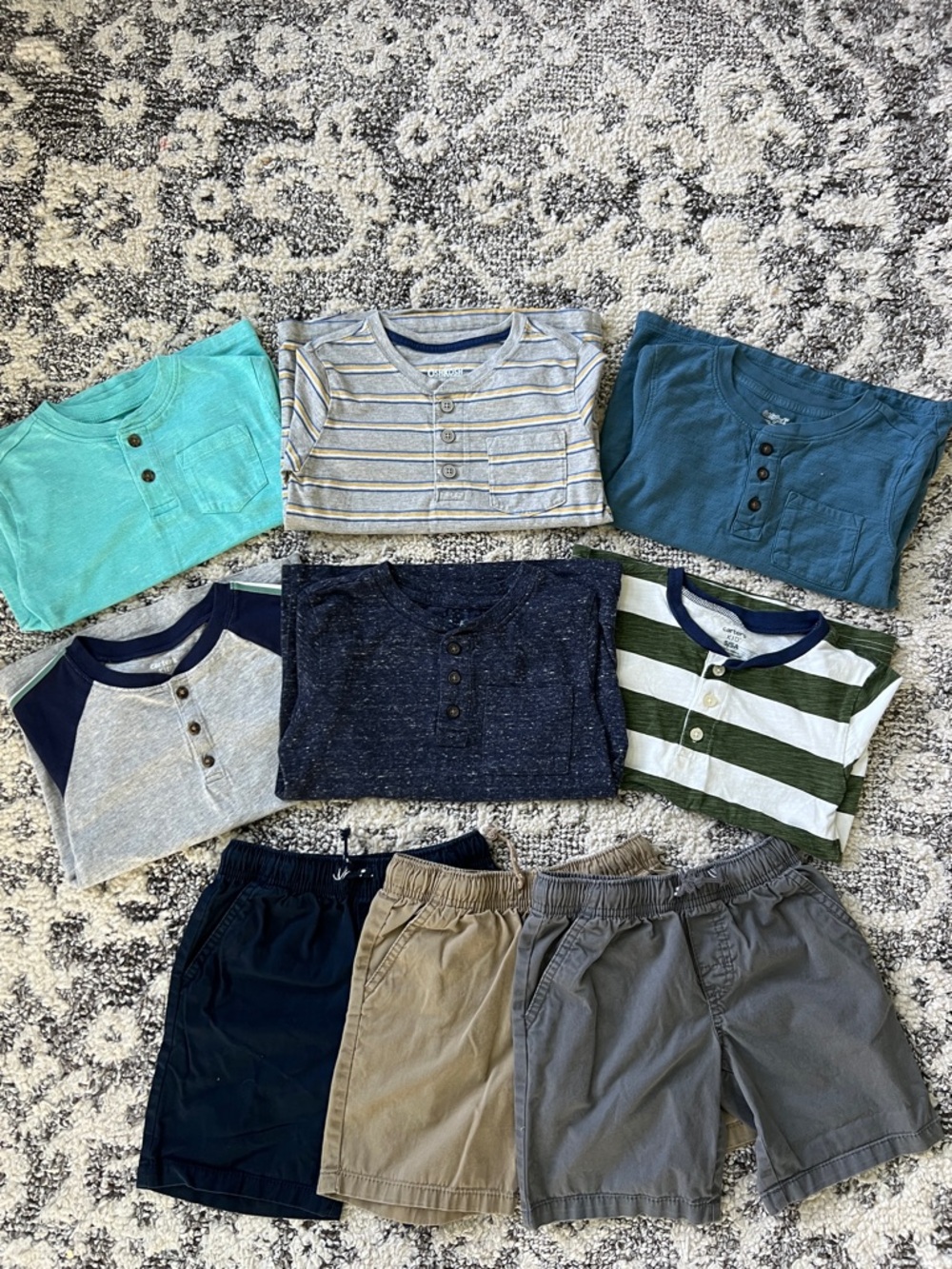 Cat & Jack Boys Short Sleeve Henley & Short Mix - Teal, Navy, Gray, Green